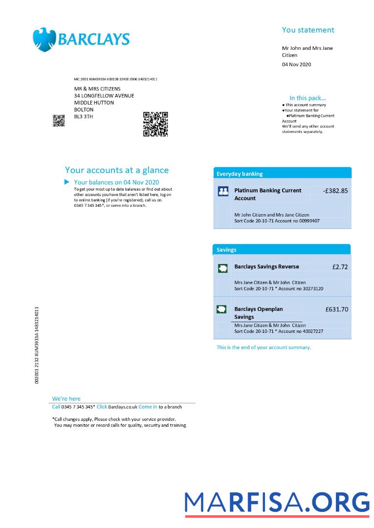 Blank UK Barclays utility bill template in Word and PDF format